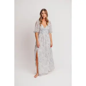 Daphne High Slit Eyelet Detail Maxi Dress in Blue and White Floral - Inclusive Sizing (S-3XL)