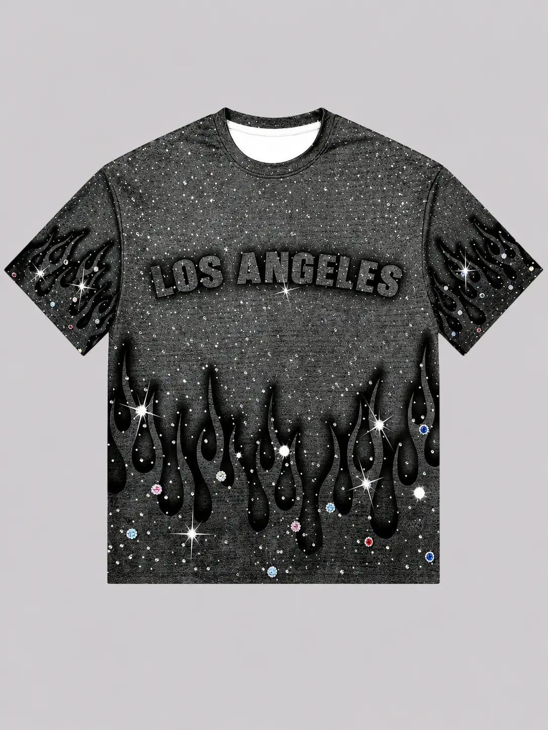Men's New Loose Round Neck Short-Sleeve T-Shirt - Summer Casual Wear with Sparkling Rhinestone Print, Classic Flame Pattern and Los Angeles Letter Design