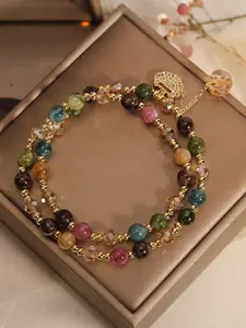 High-end double-layered rainbow tourmaline bead bracelet, Beaded Bracelets, bohemian style bracelet with an exquisite longevity lock, unique women's jewelry.