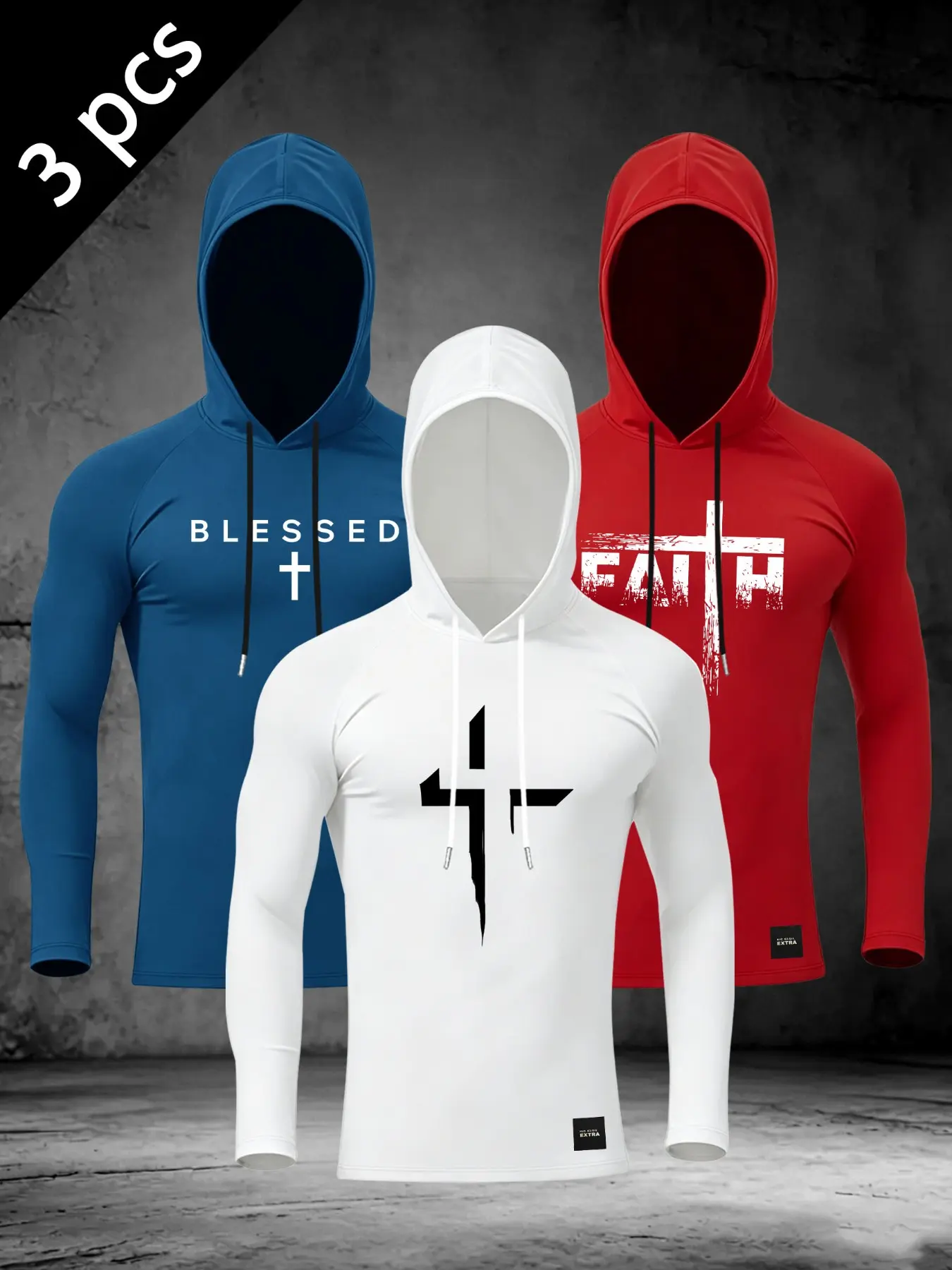 Men's Christian Faith Hooded Long Sleeve, Compression Fit Cross Print Athletic Shirt, Gym Workout Streetwear Top, Athletic Tops, Athletic Hooded Shirts #ChristianAthletic #CompressionShirt #FaithInspiredGym #WorkoutHoodie #TikTokMadeMeBuyIt