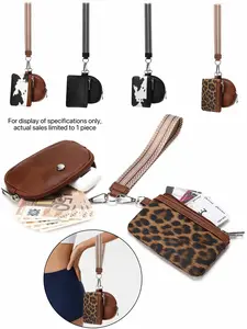 Ladies' Animal Printed Wrist Bag, Double Zipper Pendant Style Handbag, Coin Leopard Print Card Bag Wallet, Mini Multifunctional Credit Card Storage, Coin Purse, Keychain, Dual Pouch Wristlet, Suitable For Daily Travel And Sports Use