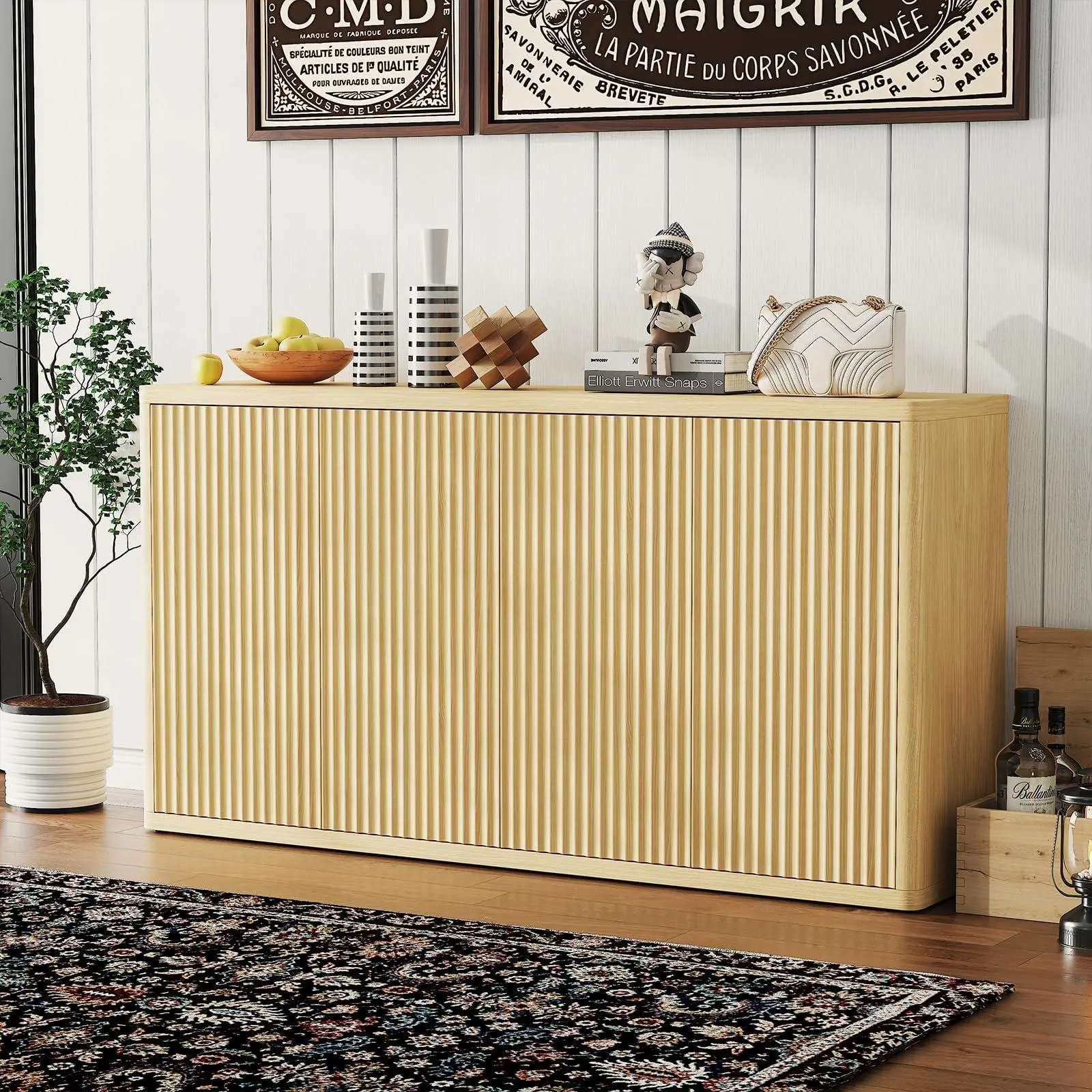 GAOMON 66.3" Large Size Water Resistant Sideboard Buffet Cabinet, Natural Oak 4-Door Modern Fluted Credenza with Ample Storage Space for Living Room, Kitchen