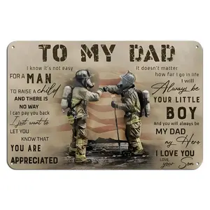 Vintage "To My Firefighter Dad" Tin Sign - 8x12 in Patriotic Wall Decor, Pre-Drilled Home Plaque for Fireman Dads, Suitable for Multiple Rooms, Home Decor Products, Yard Sign Rectangle Design
