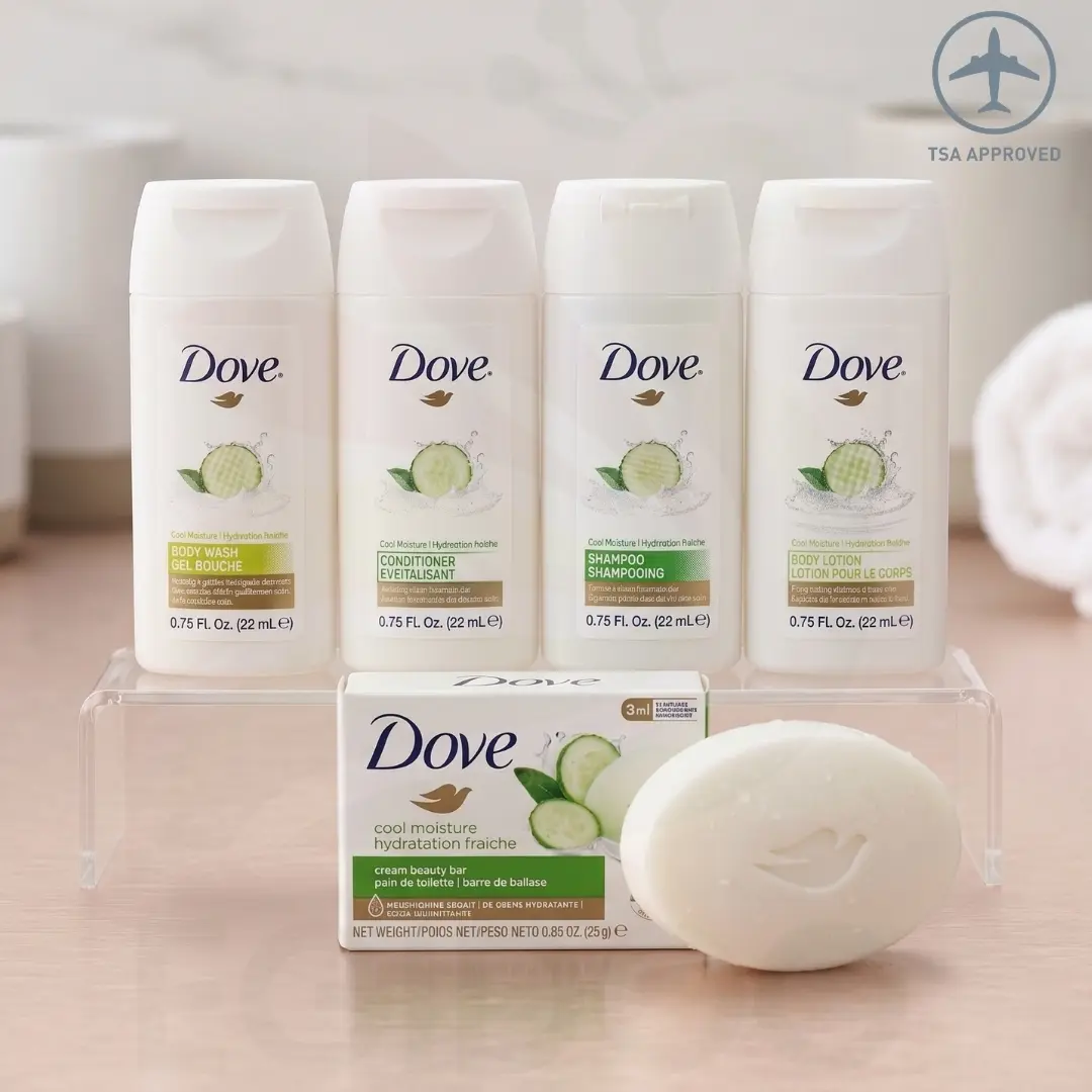 Dove Cool Moisture Travel Set 5-Piece Kit (0.75oz / 22ml) with Body Wash, Shampoo, Conditioner, Body Lotion & Beauty Bar - Cucumber & Green Tea TSA Size, Body Care, Mini Travel Products