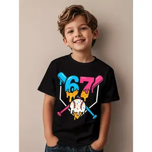 Boys' 67 Gen Alpha Slang Baseball Ice Cream Drip T-Shirt - 67 Number 67 Lettering & Crossed Bats/Melting Ice Cream Graphic, Pure Regular Fit Short Sleeve Tee for Youth, Toddler to Teen Boys, Casual & Party Wear (White/Blue/Pink), Funny Graphic Tees, Cotto