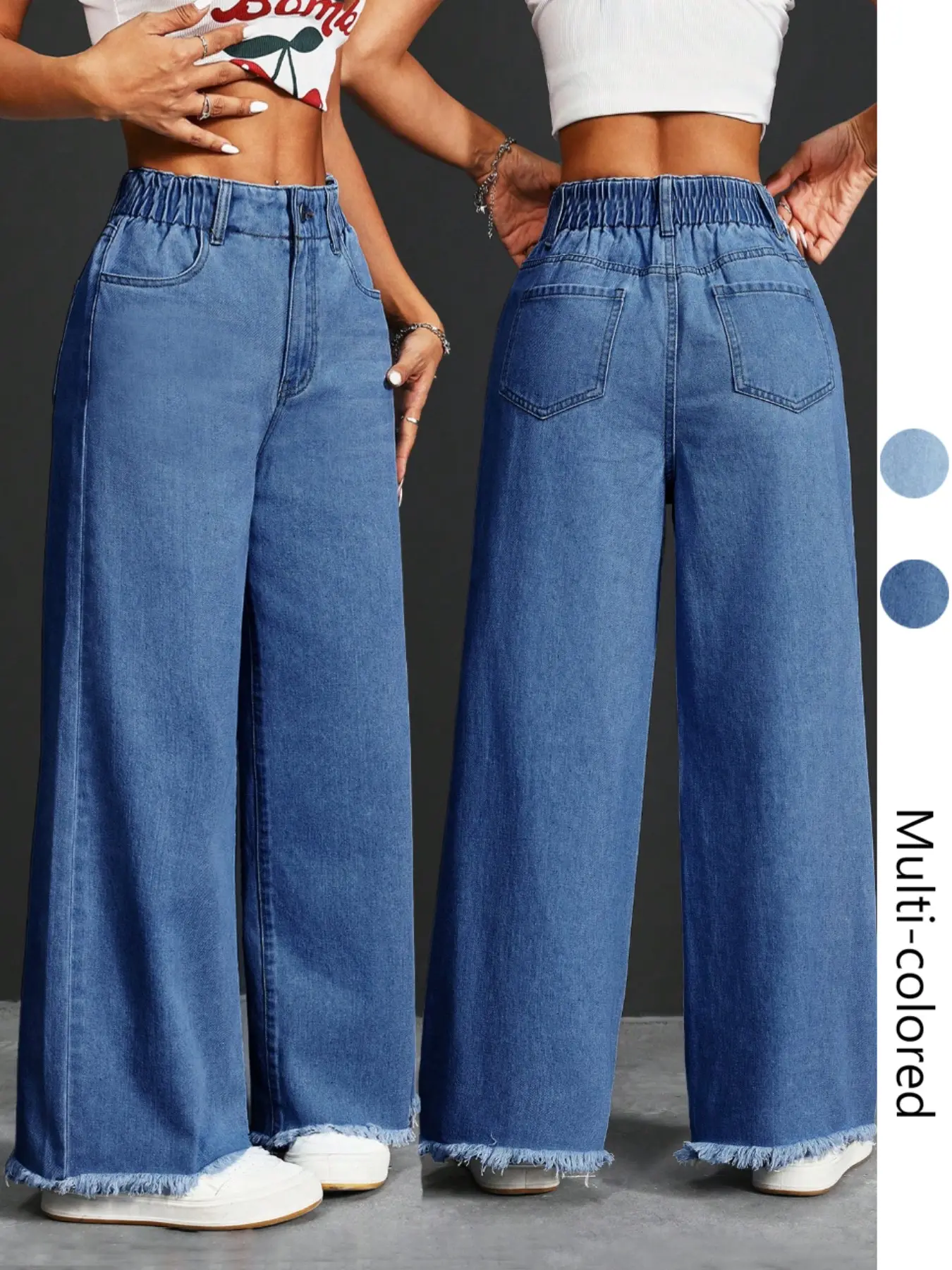 Women's Denim Jeans, Wideleg Jeans, Baggy High Waist Loose-Fit, Button Fly, Pocket Design, Frayed Hem, Casual All-Season Wear, Perfect for Daily Use