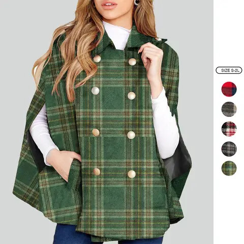 Imily Bela Womens Plaid Jacket Double Breasted Winter Cape Coats Turn Down Poncho with Pockets