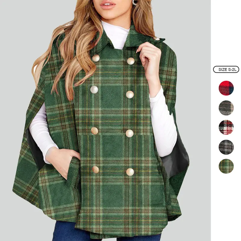 Imily Bela Womens Plaid Jacket Double Breasted Winter Cape Coats Turn Down Poncho with Pockets