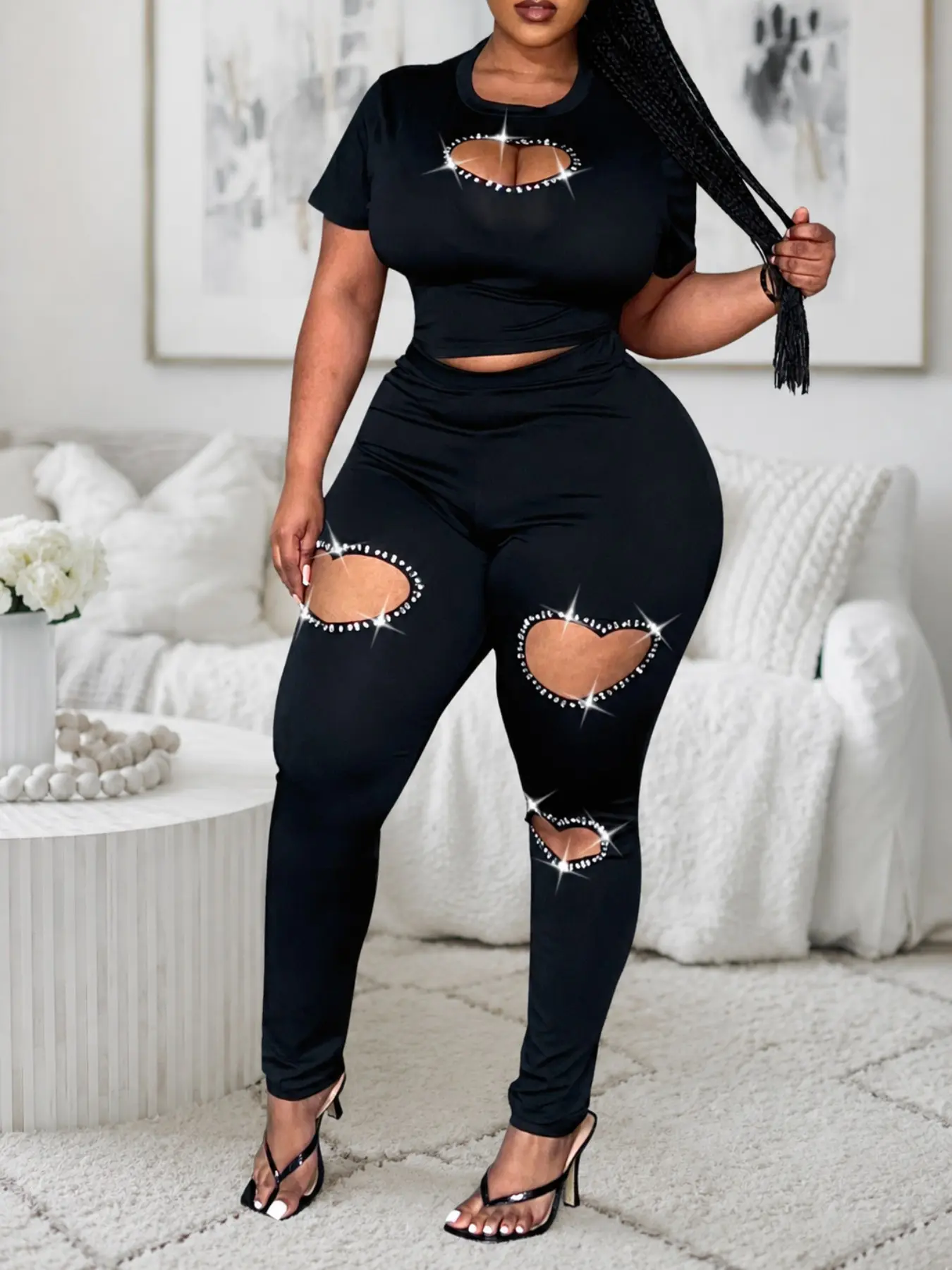 Lw Home Plus Size Women's Rhinestone Heart Cutout Set, Stretchy Slim Fit, Perfect for Home Wear, Summer, Outfit, Clothes