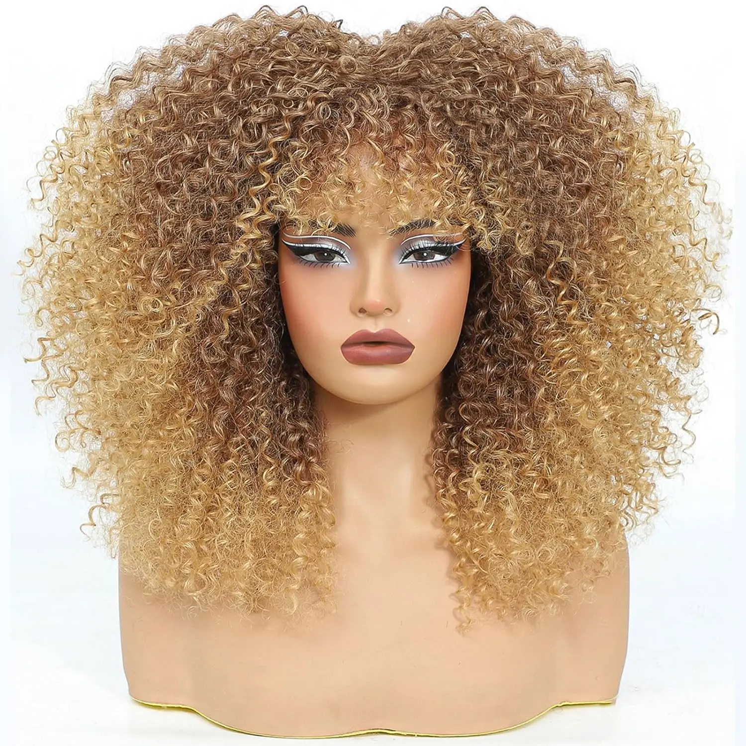 18 Inch Ombre Blonde Curly Wigs for Black Women Black Afro Bomb Curly Wig with Bangs Synthetic Fiber Glueless Long Kinky Curly Hair