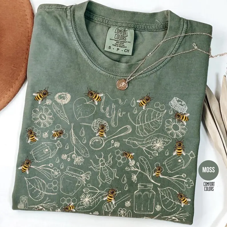Comfort Colors Vintage Bee Botanical T-Shirt, Honeycomb Doodle TShirt, Unique Honey Bees TShirt, Bee Lovers Tee, Bumblebees T-Shirt