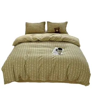 4-Piece Class A 100% Cotton Double-Layer Gauze Bed Comforter Set - Vintage Button Design, Cotton-Linen Feel Washed Duvet Cover, Hypoallergenic Soft Blankets, All-Season Bedding for Students