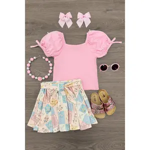 Pastel Floral Checkered Skirt Set