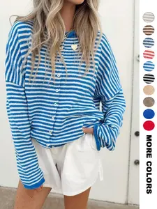 Women's Striped Casual Long Sleeve Loose Knit Sweater, Lightweight Fall & Winter Fashion, Button Front Open Front Design