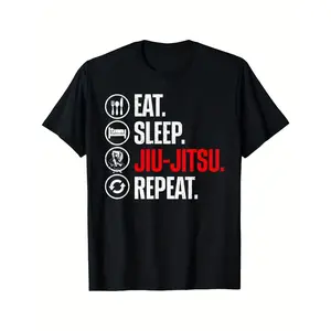 Men's "Eat Sleep Jiu Jitsu Loop" BJJ Belt Design T-shirt -100% Cotton Martial Arts Training T-shirt, featuring white and red Jiu Jitsu belt colors, breathable round neck short sleeved gym top, suitable for Brazilian Jiu Jitsu practice, BJJ enthusiasts' ca