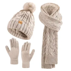 3PC Womens Winter Knit Hat Scarf and Gloves Set Fleece Lined Pom Pom Beanie Long Knit Scarf and Touchscreen Gloves Chic Warm Christmas gift sets Accessory Fashion
