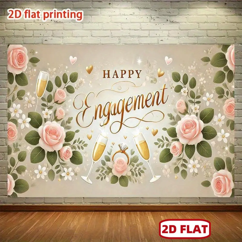 244cm x 183cm Soft Durable Textile 2D Happy Engagement Wedding Banner - Glam Indoor-Outdoor Party Background Decoration for Family Gatherings