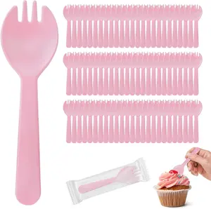 100 count Mini  Plastic Spork, 4.2 Inch Individually Wrapped Disposable Cutlery, Small Fork Spoon Combo for Desserts, Ice Cream, Cakes, Appetizer, To-Go & Party Use