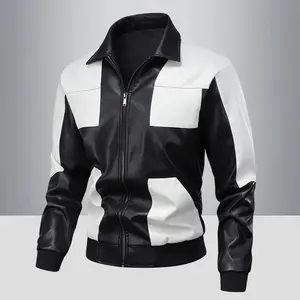 Men's Trendy Personalized Colorblock Patchwork Lapel Zipper Motorcycle Leather Jacket in Black and White Casual Menswear