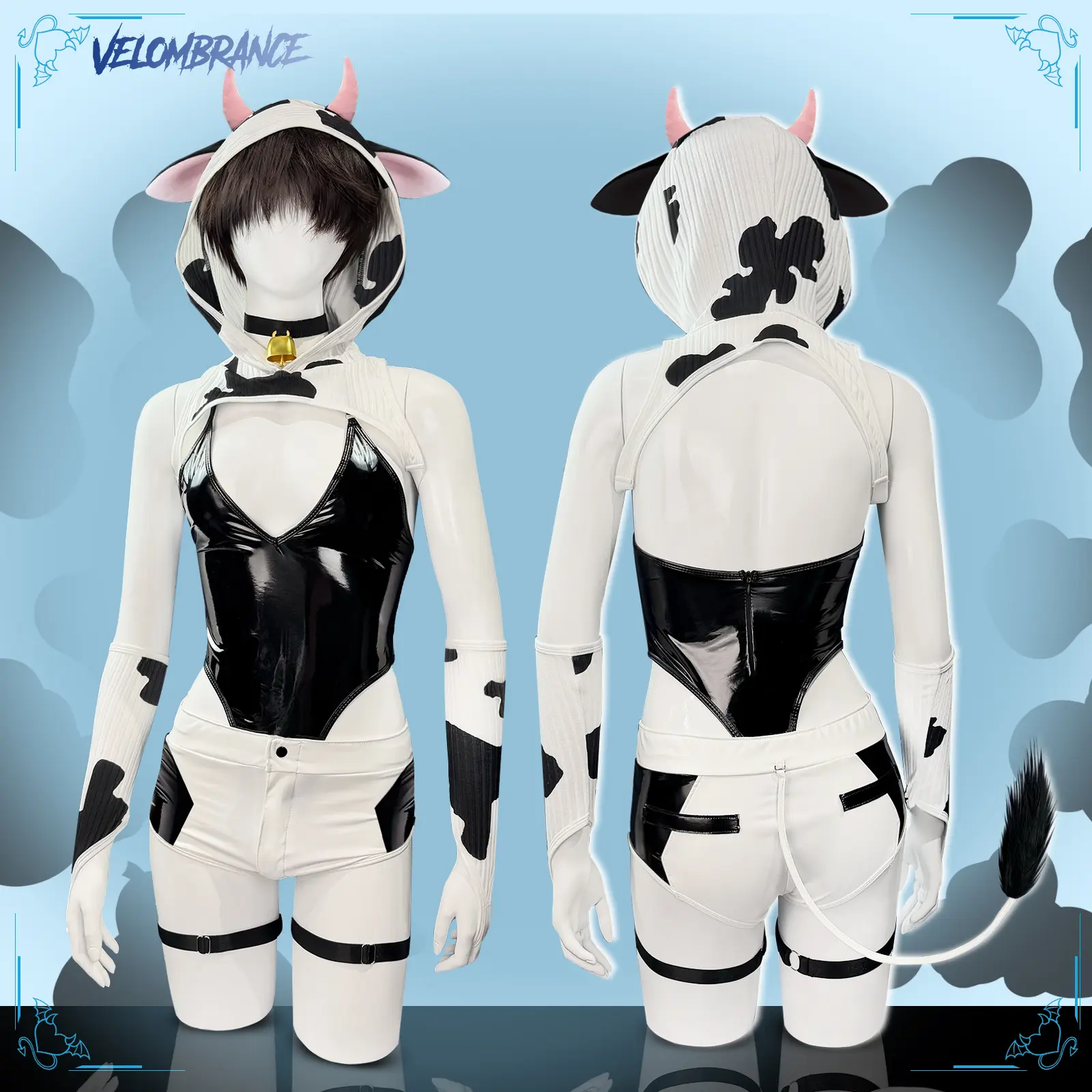 Velombrance From Koruraclub Cow Print Bodysuit 7PCS Set Cosplay Costume Slim Fit Party Outfit AS42