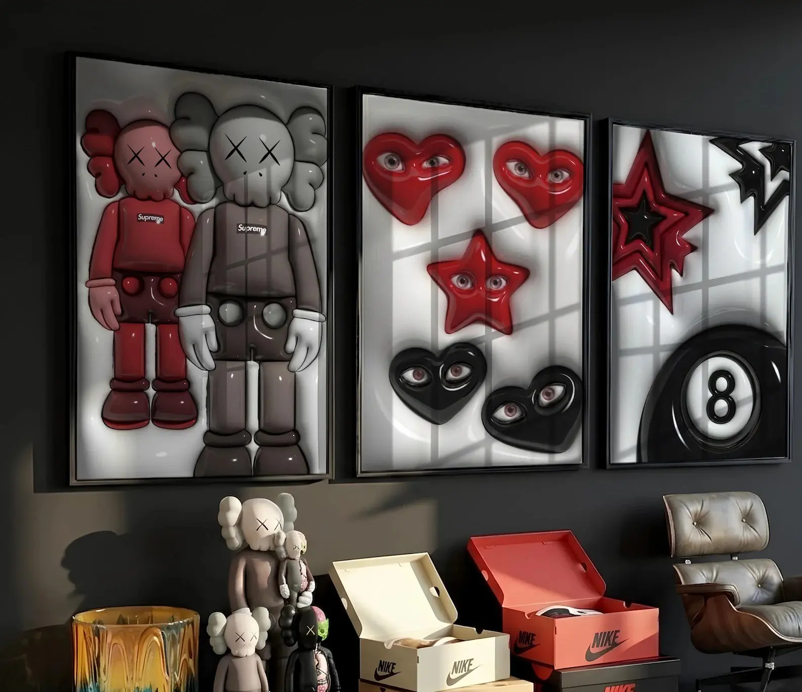 Set of 3 HypeBeast Room Decor Cool Wall Art Set , 3D KAWS Wall Art Bundle, HypeBeast Wall Art, Trendy Wall Art, 3D Wall Deco
