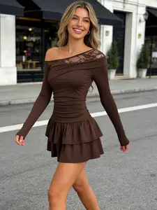 Sweet Style Elastic Umbrella Dress, Drop Shoulder Slim Fit Pleated Skirt, Contrast Lace Trim, Long Sleeve Party Dress