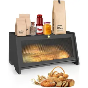 Zhengwanhh09j Black Bamboo Bread Box for Kitchen Countertops with Window Ventilation Large Rectangular Storage Container 40.6x25.4x20.3 cm Magnetic Closure Keeps Bread Fresh Includes Utensils Set