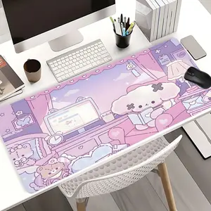 Pink Cartoon Puppy Mouse Pads Extra Large Computer Desk Top Mat, Non - Slip Rubber Base & Stitched Edge, Kawaii Desk Accessory for Kids & Cute - Style Lovers