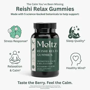 Meltz Reishi Relax Gummies - Herbal Calm Supplements for Wired-But-Tired Individuals, Herbs