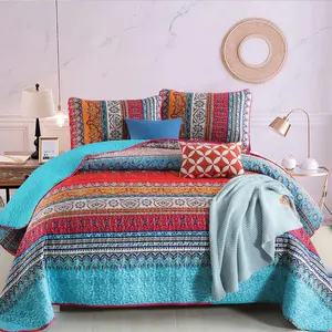 WONGS BEDDING Bohemian Quilt Set Queen Size, Boho Striped Pattern Quilts Bedspread Set for All Season, Soft Microfiber Bedding Coverlet Set 96"x90"(3 Pieces, Queen)