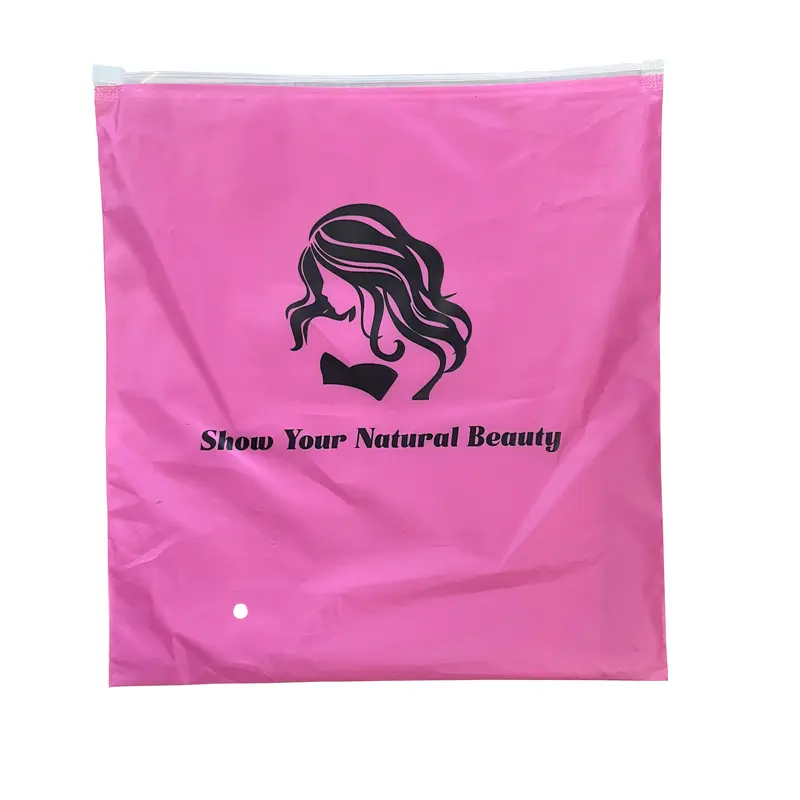 Hair Bundle Packaging Zipper Bag, Reusable Pink Plastic Pouch for Wigs