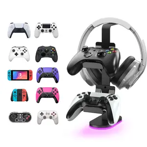Headset and Controller Stand with RGB Light, Controller Stand for Desk, 2-Tier Controller and Headset Aluminum Metal Stand, Universal Stand for Gamepad and Headphone Stand, Compatible with Xbox Seies X/S/One/PS4/PS5/Nintendo Switch Controllers (Black)