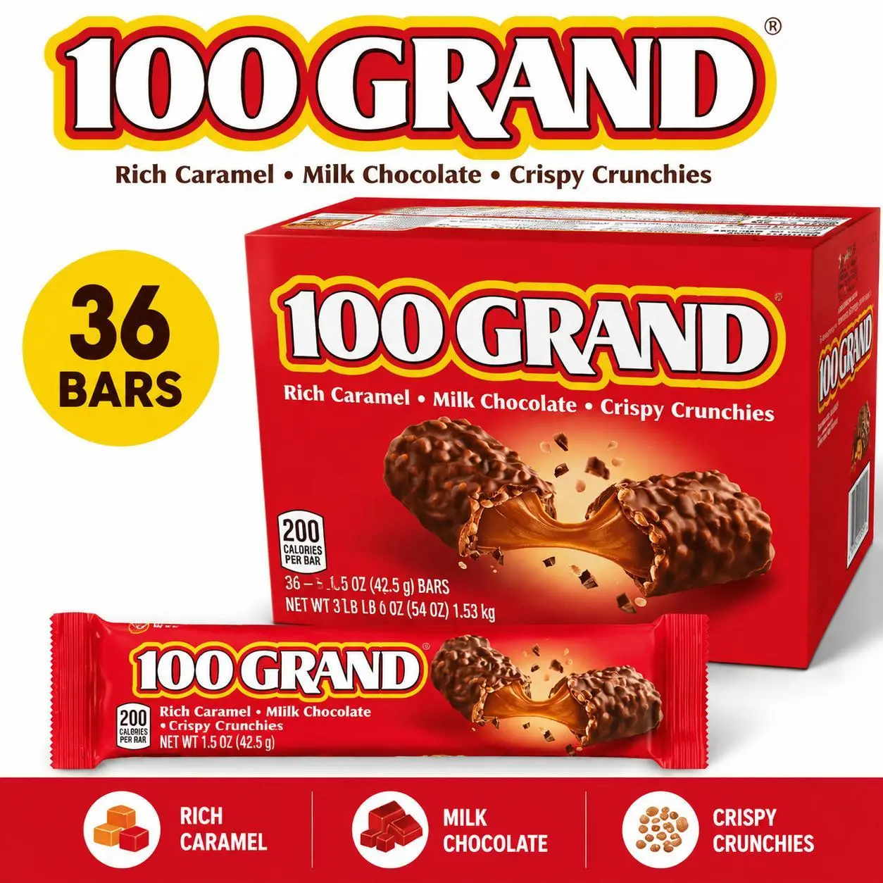 100 Grand Milk Chocolate Caramel Candy Bars - 1.5oz, 36 Bars, Chocolate Snacks, Sweet Treat for Party Favors
