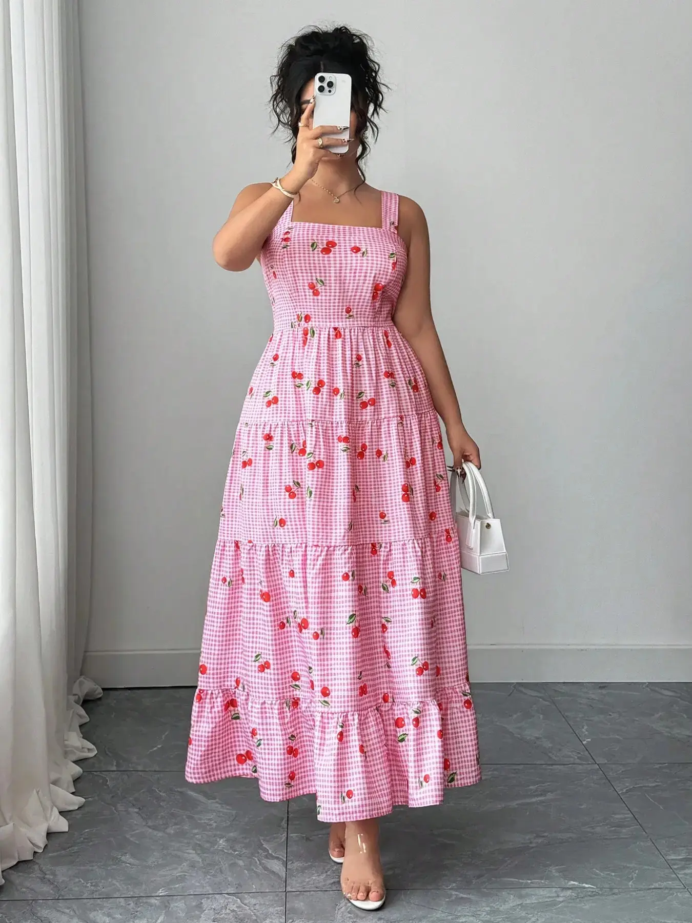 Plus Size Women's Plaid Cherry Print Fit Casual Dress Graphic Style, Square Neck Ruched Bust Layered Hem, Thin Strap Sun for Summer Vacation, Womenswear, Travel Outfits, Comfortable Fit, Layering Piece
