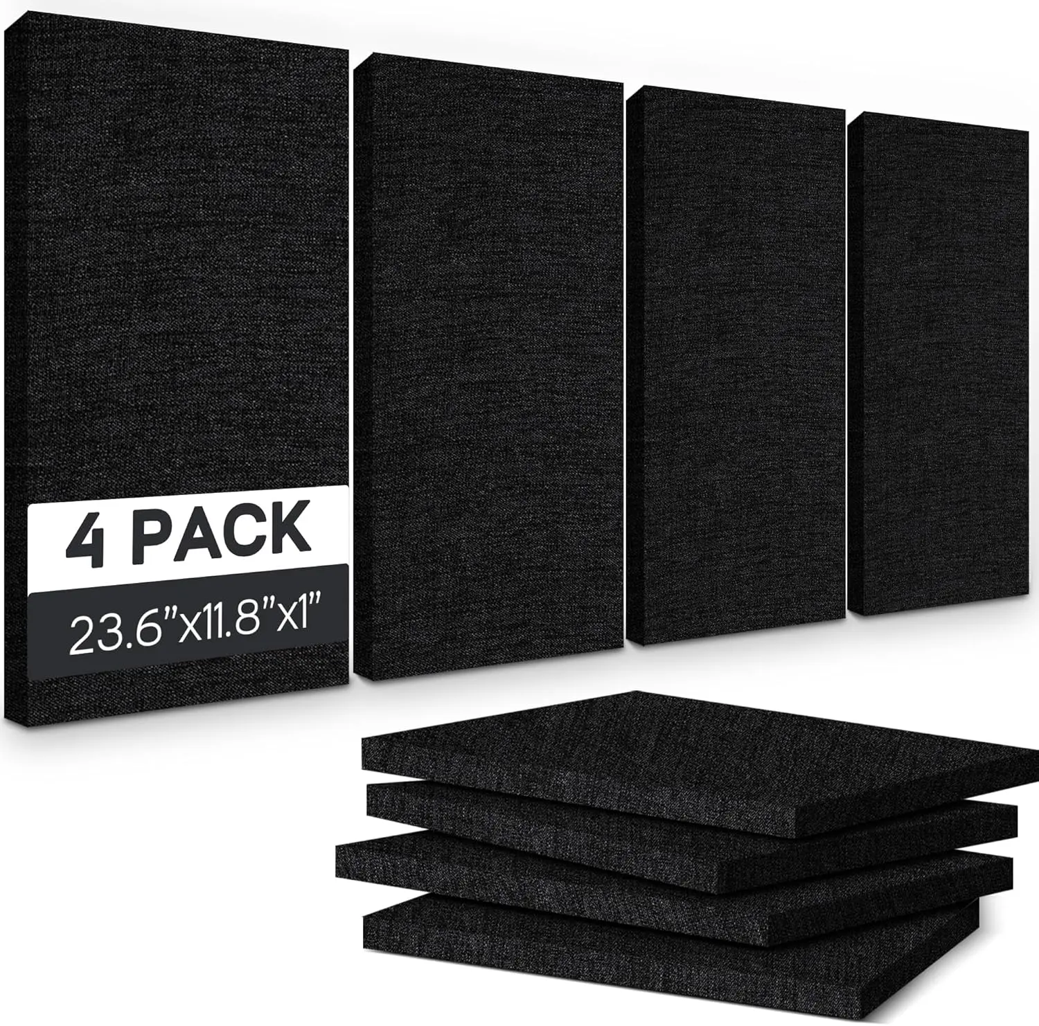 BUBOS 4 PCS Polyester Fabric Acoustic Panels, 23.6''x11.8'' Self-Adhesive Sound Absorbing Wall Panels, Matte Black Fabric-Clad for Cinema, Living Room, Meeting Rooms