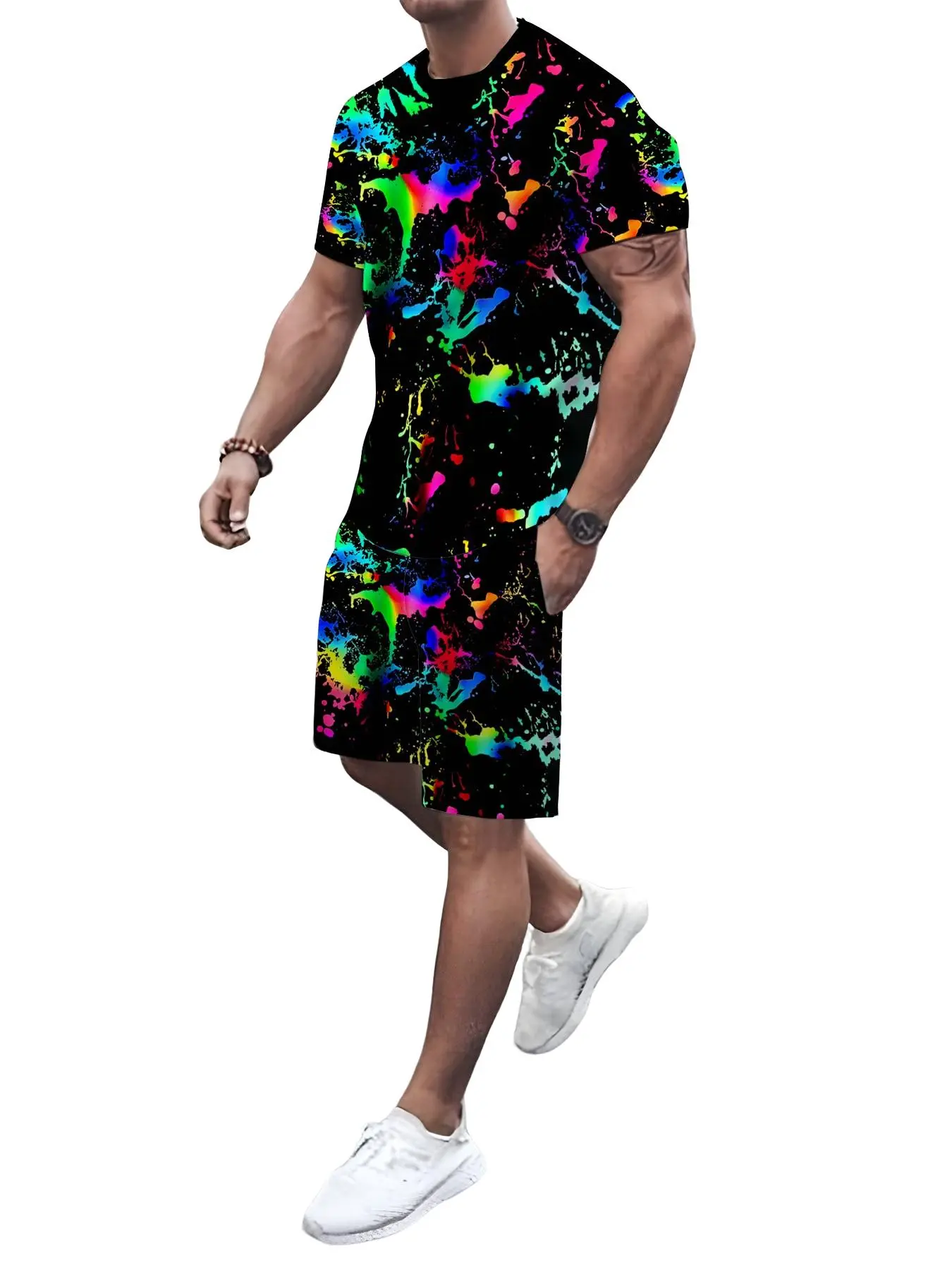 Men's Rainbow Splatter Print T-Shirt & Shorts Set, Fashionable Casual, Comfortable Breathable, All Seasons Wear