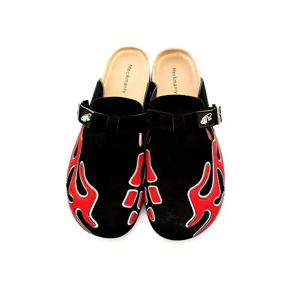 Meck Manly Flame Embroidery Mules for Men, Vintage Black Suede Slip-On Clog with Buckle, Red Punk Rock Slipper Sandal, WXRLD Leaders