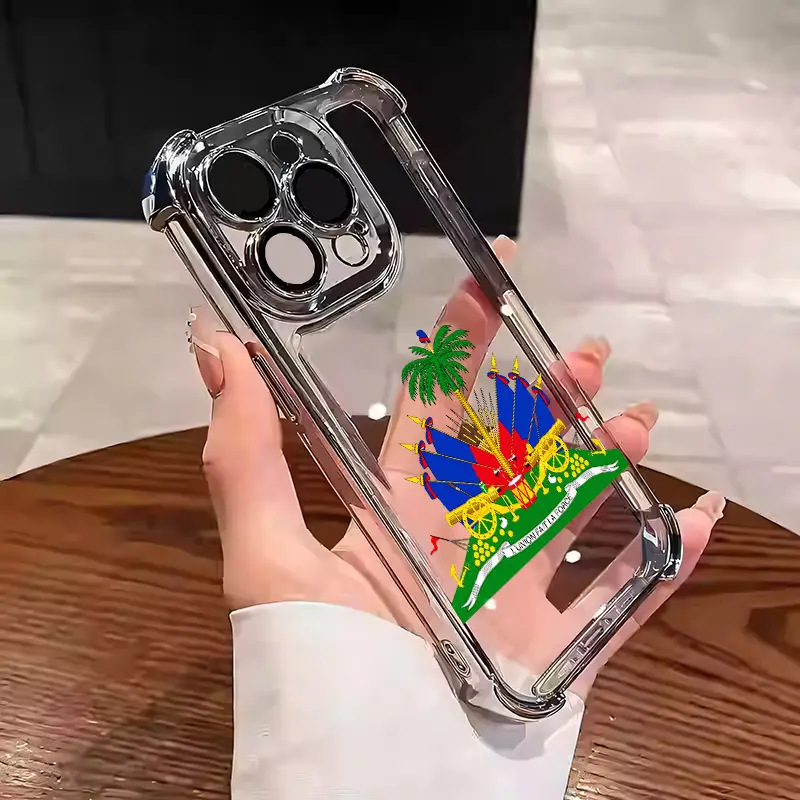 Creative design of the Haiti flag with multi-colored border Suitable for Aesthetic Electroplated TPU Casing For iphone 17 16 15 14 13 12 PRO PLUS MAX Samsung S26 Four Corners Anti-Fall Transparent Casual Soft Silicone Phone Cases High-end durable