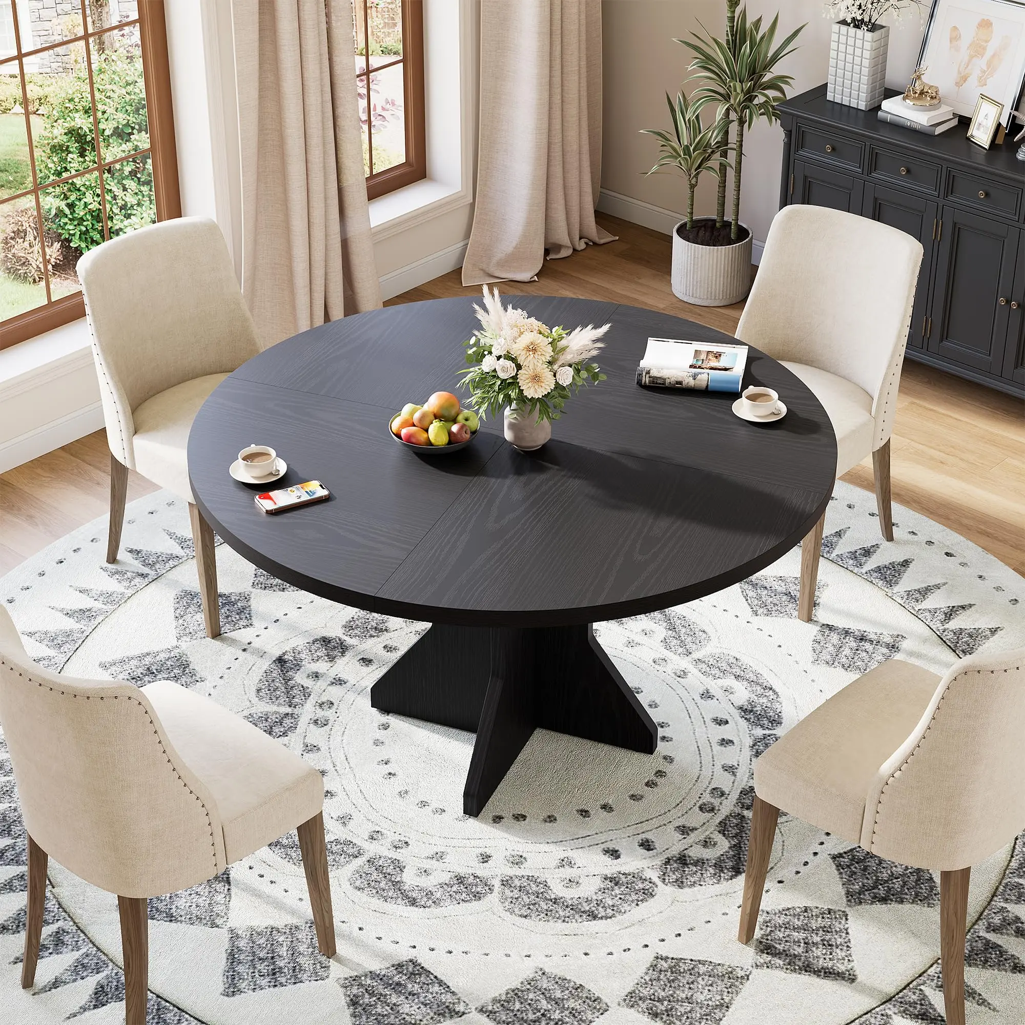 47" Black Round Contemporary Minimalist Dining Table - MDF Top, Sturdy Pedestal Base, 4-6 Seats, Spacious Space-Saving Indoor Furniture for Living Room, Apartment, Contemporary Dining Table, Modern Kitchen Table