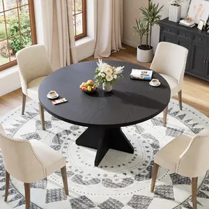 Black Round Dining Table for 4-6 People - 47" Circle Kitchen Dinner Table with Sturdy Pedestal Base, Small Spaces Dinning Room Furniture for Living Room, Kitchen, Apartment