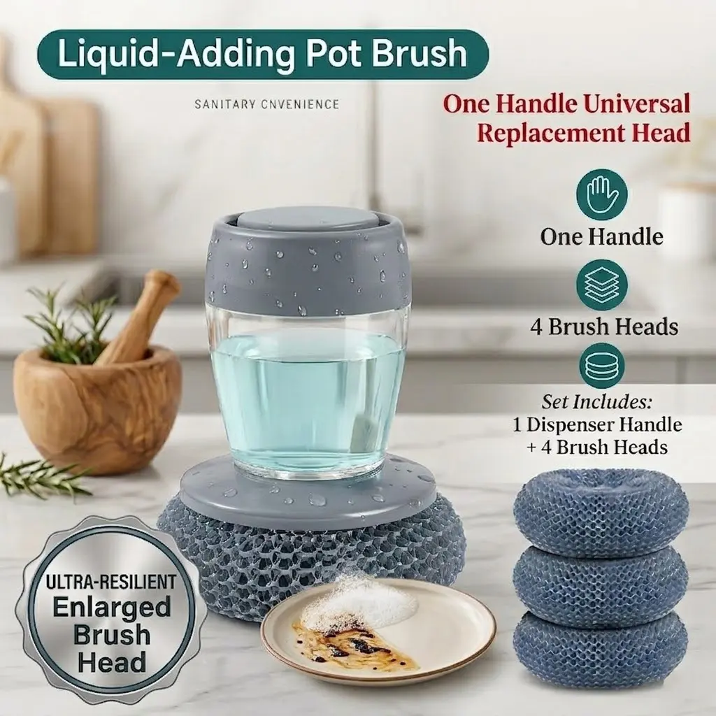 Reusable Automatic Liquid Filling Palm Dish Scrubber Brush for Kitchen Sink - ABS Comfort Handle Soap Dispensing Tool with Ergonomic Contour Non-Slip Grip, Durable Bristle Heads, Dual Cleaning Options for Pots, Bowls