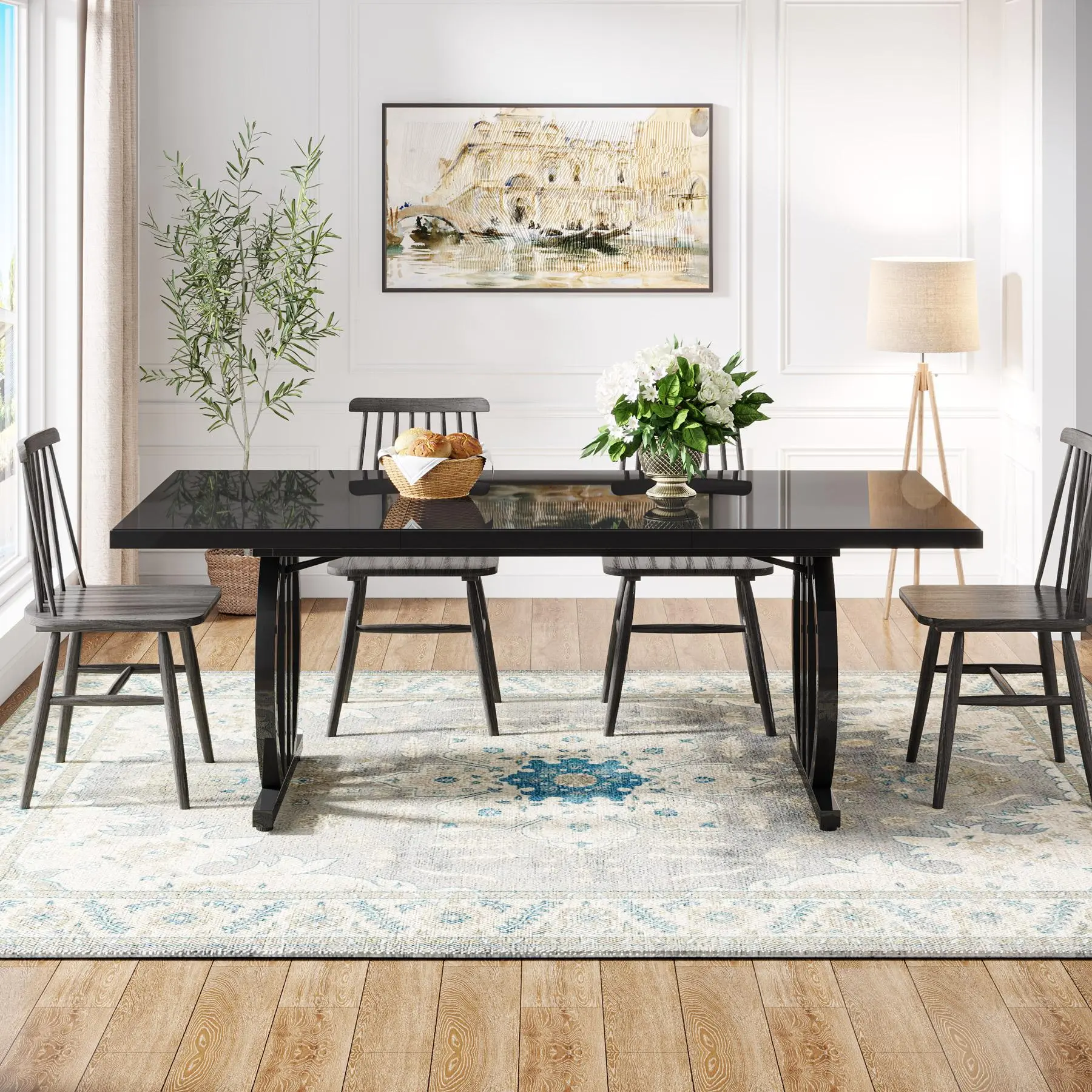 TRIBEWOOD 63 Inch Dining Table for 4-6 People, Black Modern DiningTable with Metal Frame, Rectangular Dinner Table, Large Kitchen Table for Dining Room, Living Room social