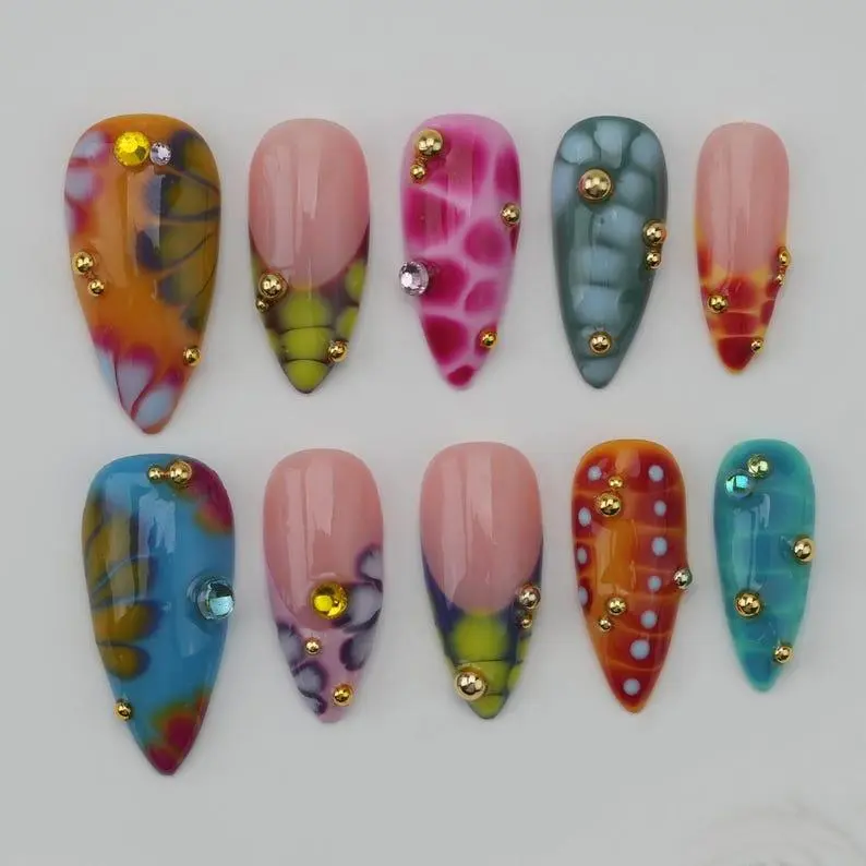 fake nailsCustom Press On Nails: Party Flakes, Wedding Nails GiftCustom Party Nails/3D Floral Almond Press On Nails/Glitter Nails