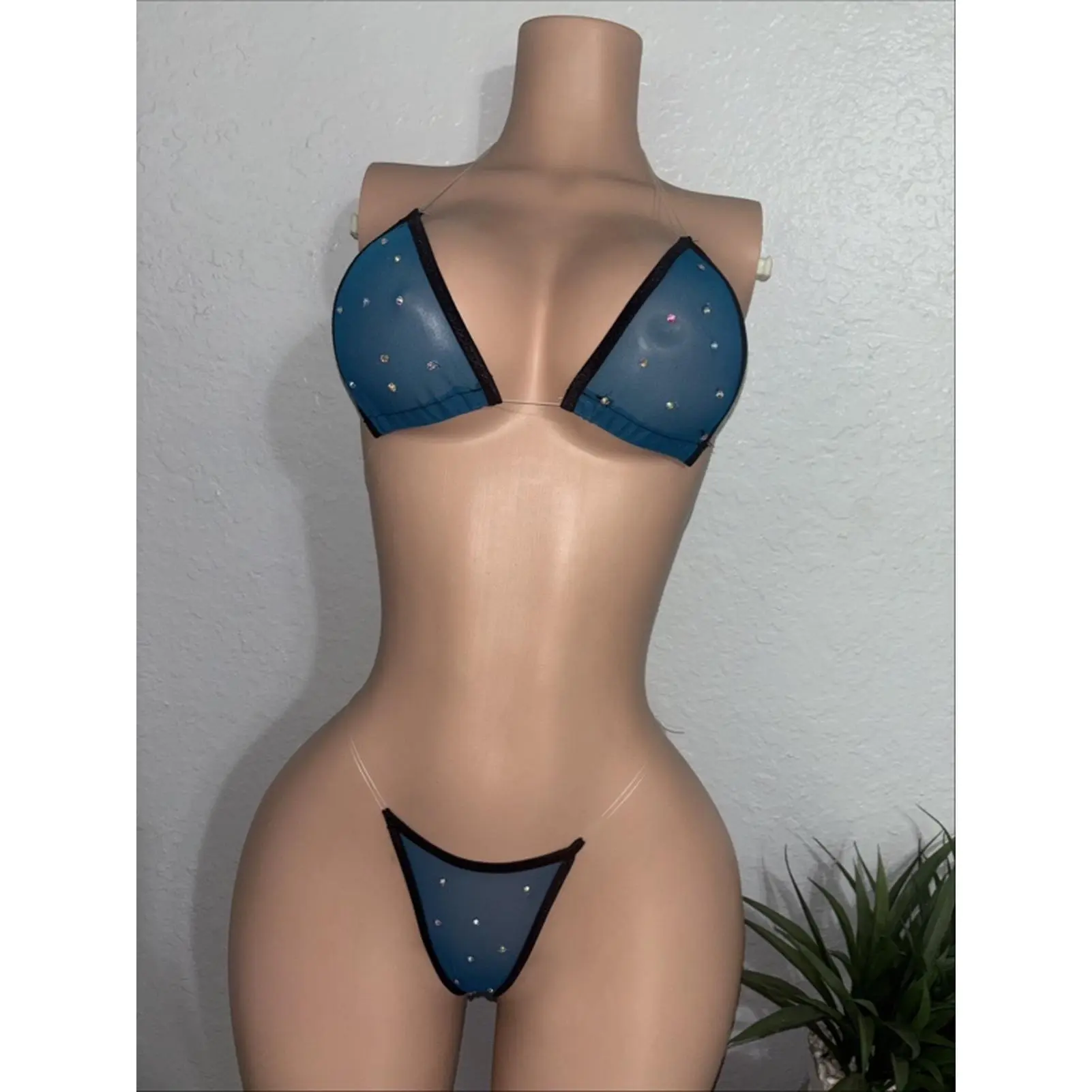 Mesh Material One Size Fits Most Small Bikini Set with Blue and Black Design