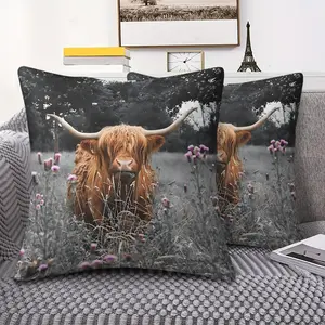 Highland Cow Throw Pillow with Digital Print, 45cm Square Cushion, Home Decorative Cushion Includes Pillow Insert Featuring Shaggy Cow Surrounded by Nature, Perfect Home Decor, Soft, Cozy, Unique Design for Animal Lovers
