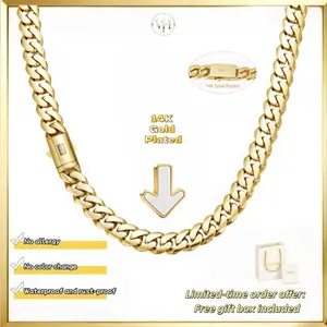 14K gold plated Cuban necklace, made of stainless steel, water-resistant, rust-proof, and free of allergic reactions. Available in sizes of 6mm/8mm/10mm/12mm/14mm. With a Miami hip-hop style, it is the perfect gift for both men and women.