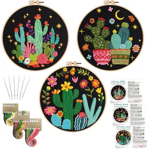 3 Pack Embroidery Kit for Beginner Adults, Stamped Cross Stitch with Cactus Patterns Include 3 Hoop, Cloth Thread  and Instructions