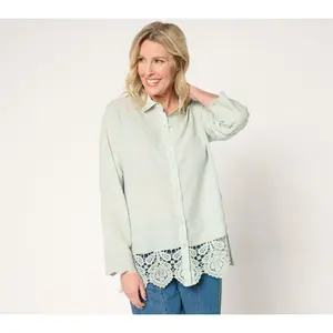 LOGO Lavish by Lori Goldstein 100% Cotton Embroidered Shirt