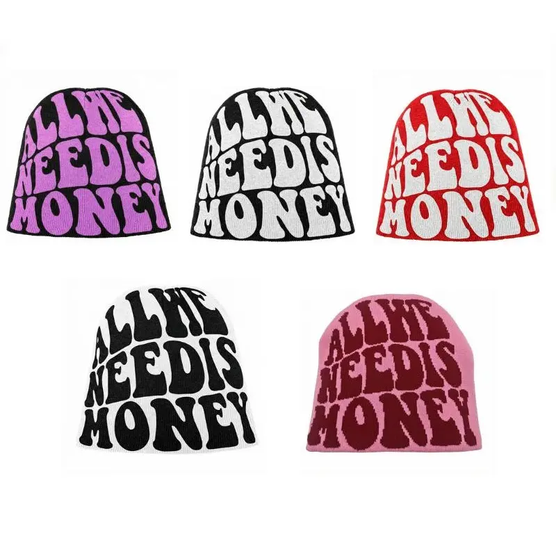All We Need Is Money Y2K Knitted Beanie Hat Vintage Letter Jacquard Soft Unisex Cap for Men & Women Machine Washable Spring Summer Accessory Streetwear Casual Outfits