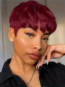 stylish gift wig 99j burgundy color pixie cut Glueless human hair wig short straight human hair wig machine made pixie wig daily party use human hair wig for women